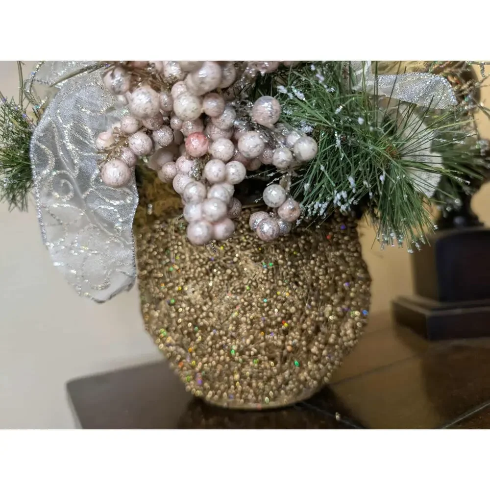 Christmas Fall Floral Arrangement Dining Home Centerpiece Gold Beaded Silver